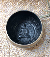Load image into Gallery viewer, Black Cast Aluminum Singing Bowl with Buddha Design (4.5")
