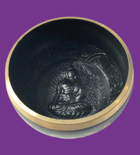 Load image into Gallery viewer, Black Cast Aluminum Singing Bowl with Buddha Design (4")