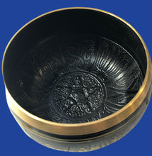 Load image into Gallery viewer, Black Cast Aluminum Singing Bowl with Five Buddha's Design (7")