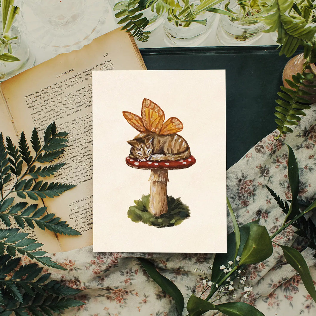 Fairy Cat on Mushroom Art Print