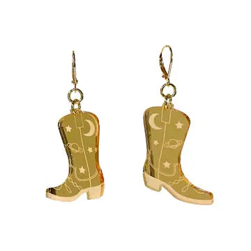 Space Cowboy Boot Dangle Earrings Mirror Gold