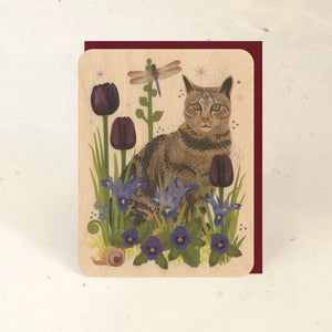 Tabby Cat and Dragonfly Wood  Mini Wood Print/Greeting Card