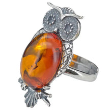 Load image into Gallery viewer, Large Cognac Amber Adjustable Owl Ring
