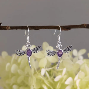 Silver Dragonfly & Amethyst Earrings