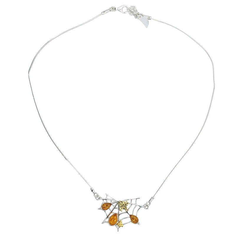 Amber & Sterling Silver Spider Web Necklace