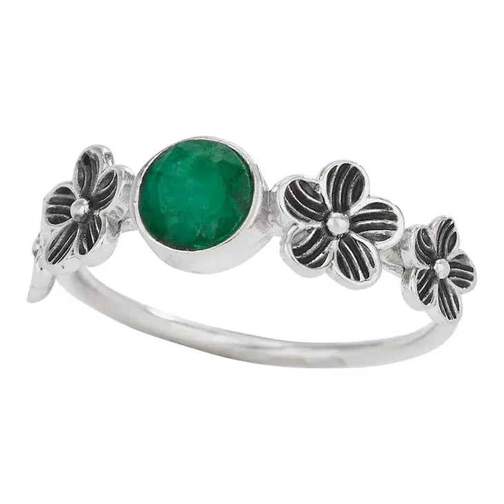 Silver Flower & Emerald Ring