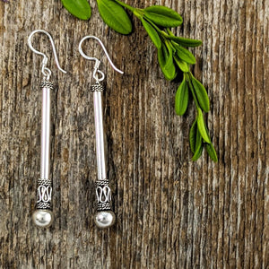 Silver Bali Bead Stick Earrings