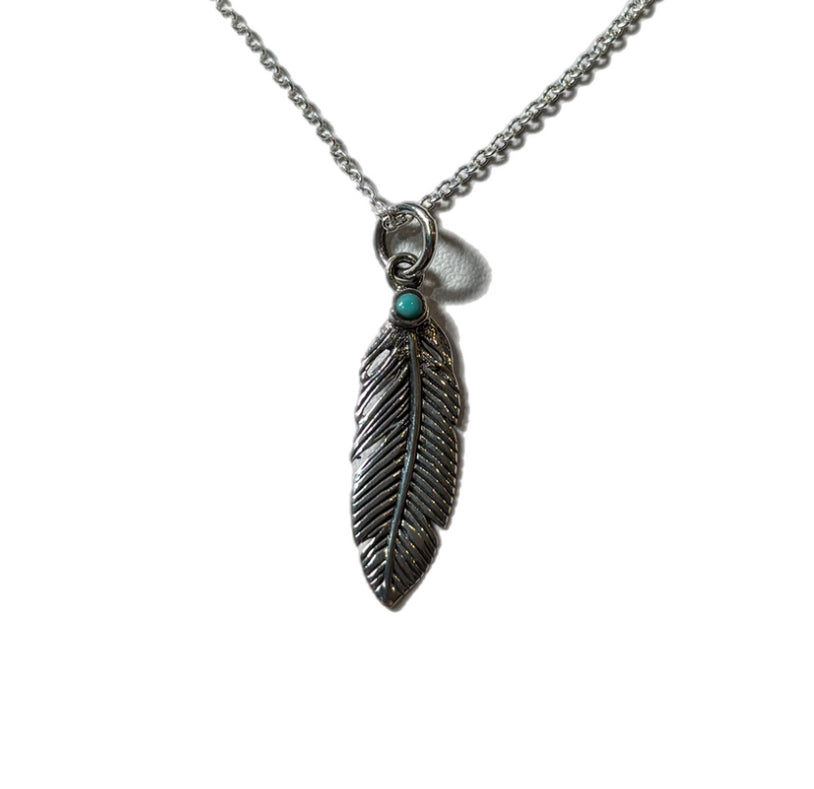 Small Silver Feather Pendant with Tiny Turquoise & Chain