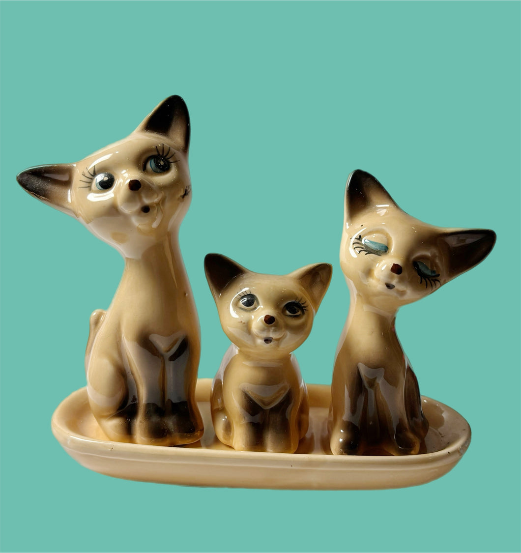 Vintage Mid-Century Cat Salt, Pepper & Toothpick Holder Set