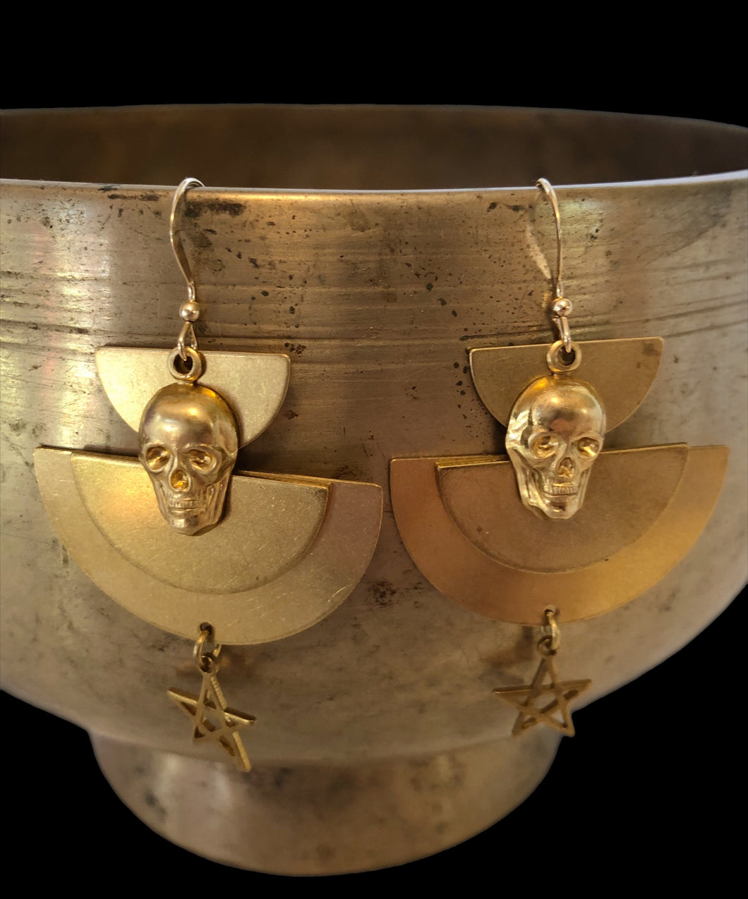 Brass Skull Earrings With Pentacles