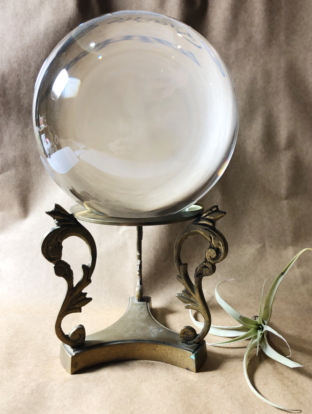 Extra Large Vintage Brass Crystal Ball Stand with New Glass Sphere