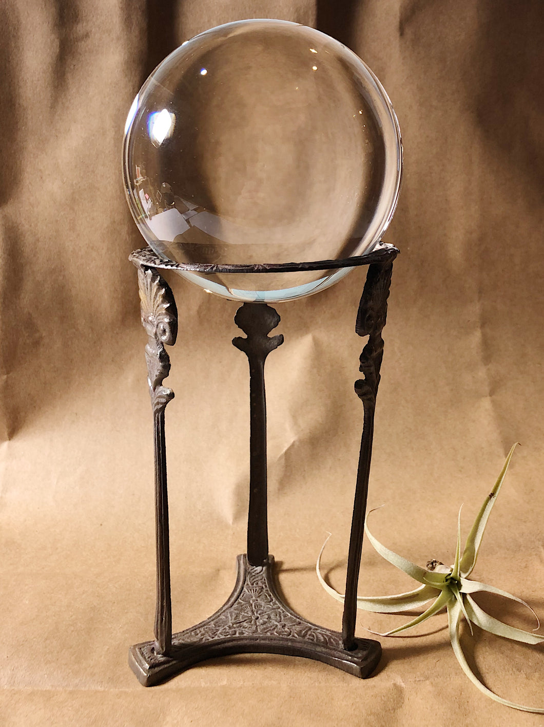 Tall Vintage Brass Crystal Ball Stand with New Glass Sphere