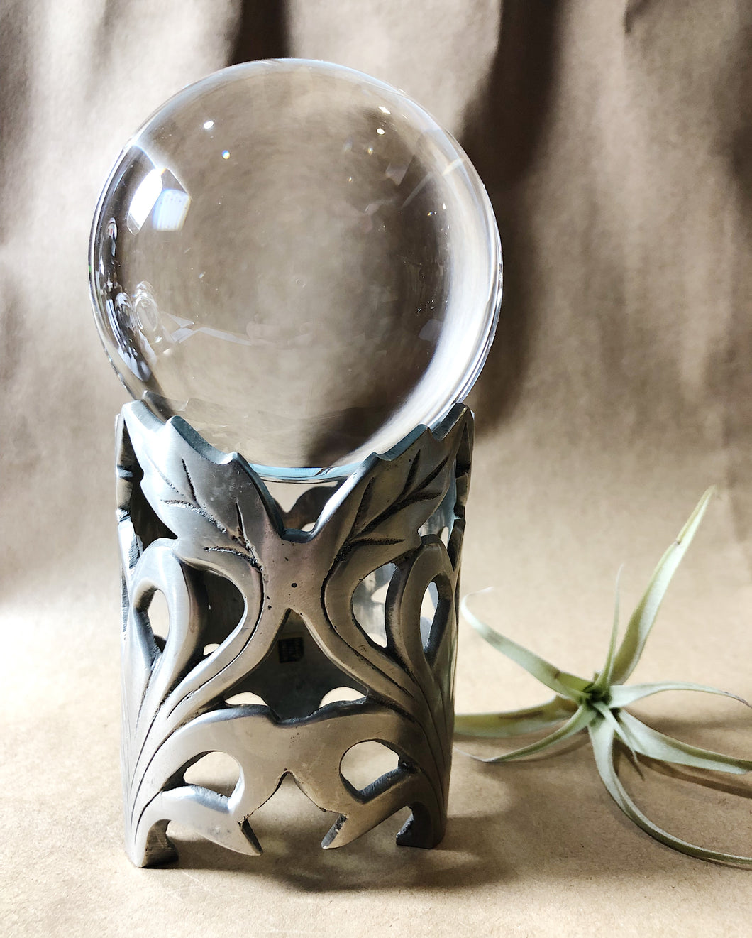 '90s Pewter Frond Crystal Ball Stand with New Glass Sphere