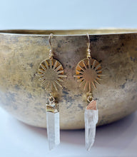 Load image into Gallery viewer, Brass Celestial Earrings with Raw Quartz Points
