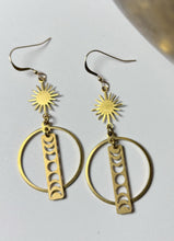 Load image into Gallery viewer, Brass Moon Phases Earrings with Sun
