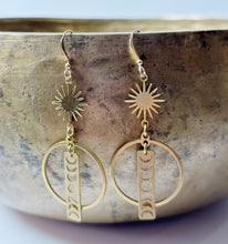 Load image into Gallery viewer, Brass Moon Phases Earrings with Sun
