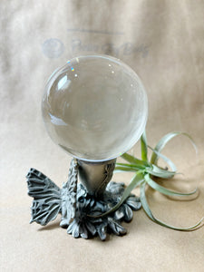 '90s Pewter Butterfly Crystal Ball Stand with New Glass Sphere