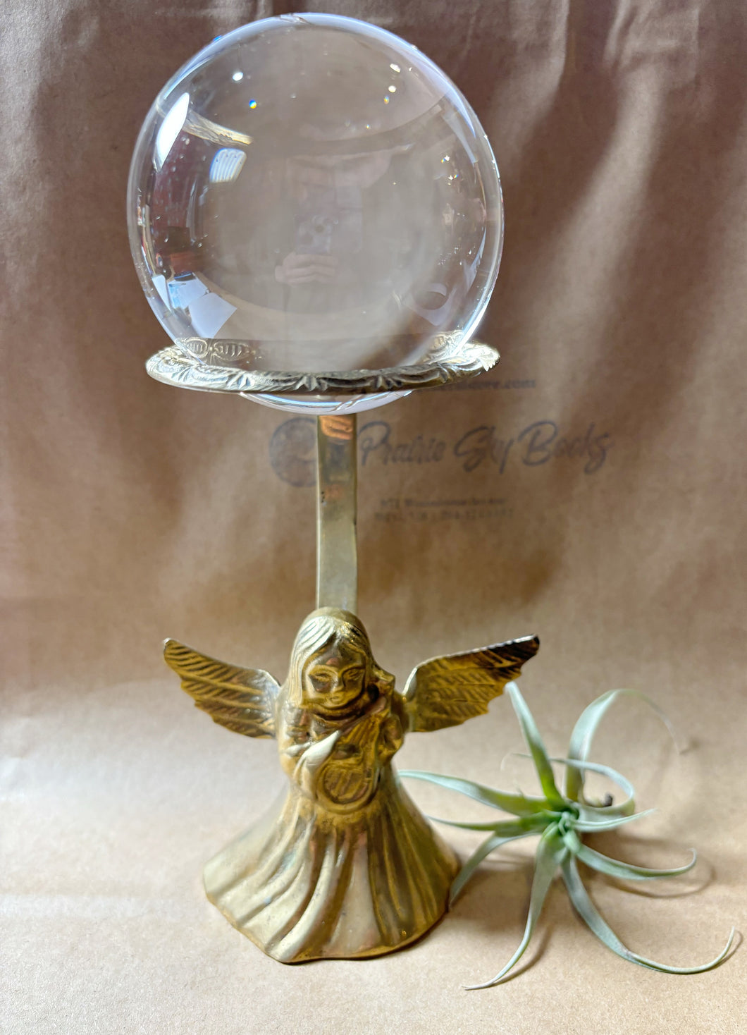 Vintage Brass Angel Crystal Ball Stand with New Glass Sphere