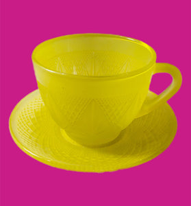 Vintage Frosted Glass Bright Yellow Tea Cup & Saucer