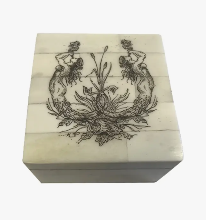 Scrimshaw Style Bone Dual Mermaid Trinket Box