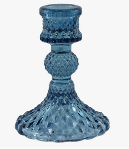 Pressed Glass Candle Holder (Blue)