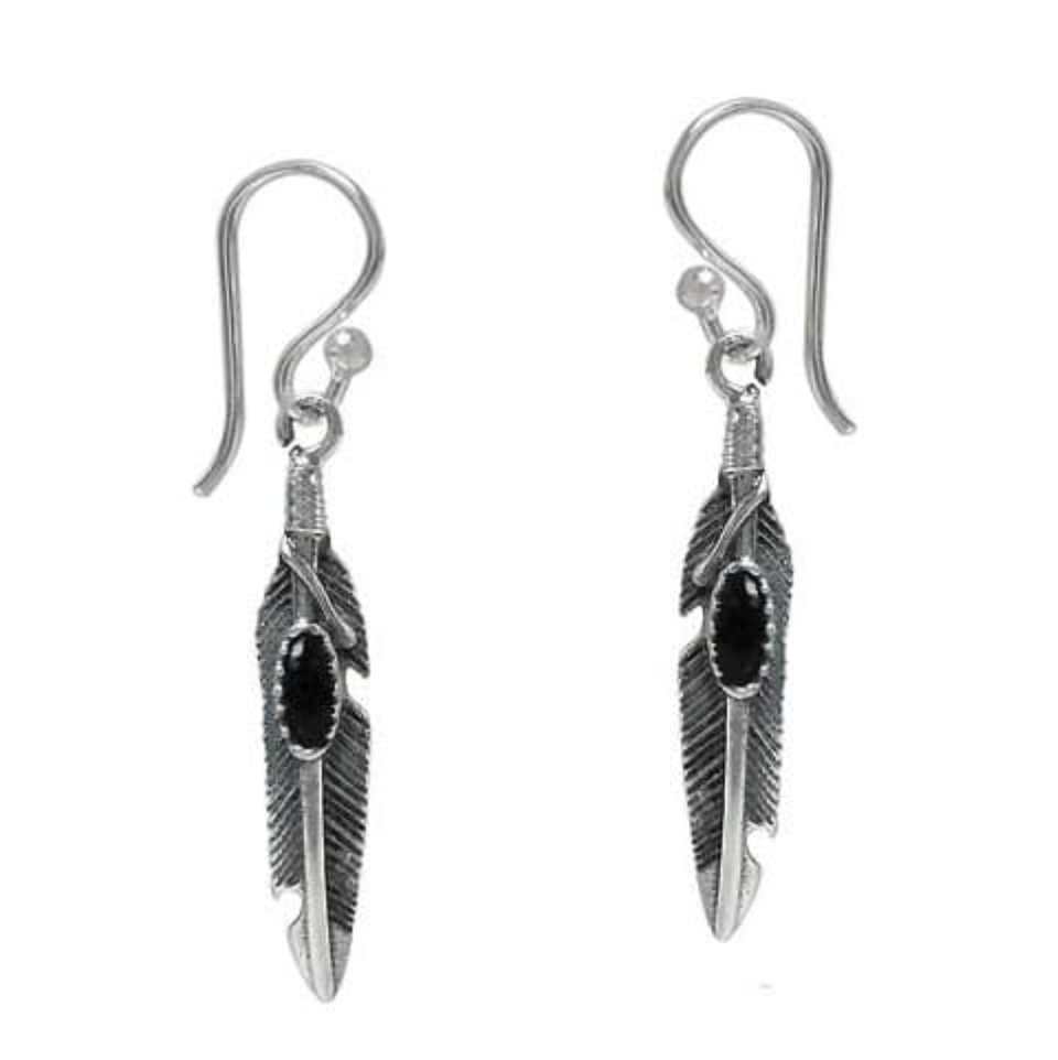 Sterling Silver feather Earrings with Onyx