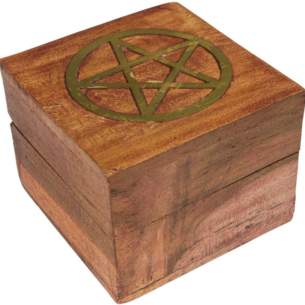 Wood Trinket Box with Inlaid Brass Pentacle