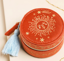 Load image into Gallery viewer, Rust Celestial Velvet Mini Round Travel Jewellery Case
