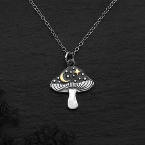 Silver Mushroom Necklace with Bronze Star and Moon