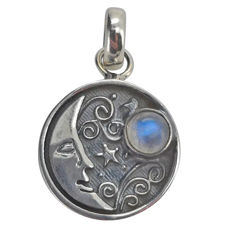 Faceted Moonstone Silver Moon Face Pendant