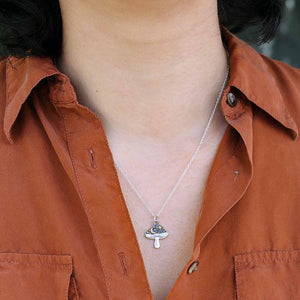 Silver Mushroom Necklace with Bronze Star and Moon