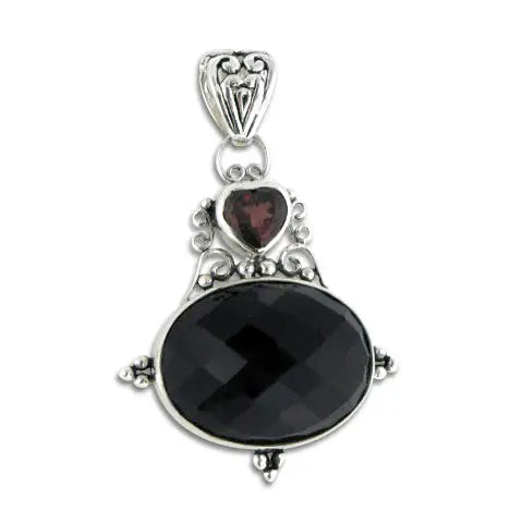 Faceted Black Onyx Pendant with Garnet