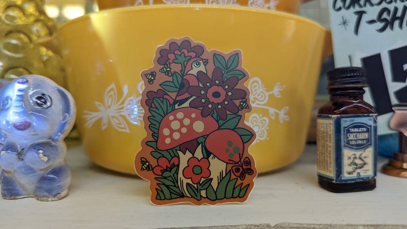 Vintage Style Mushrooms & Birds Sticker