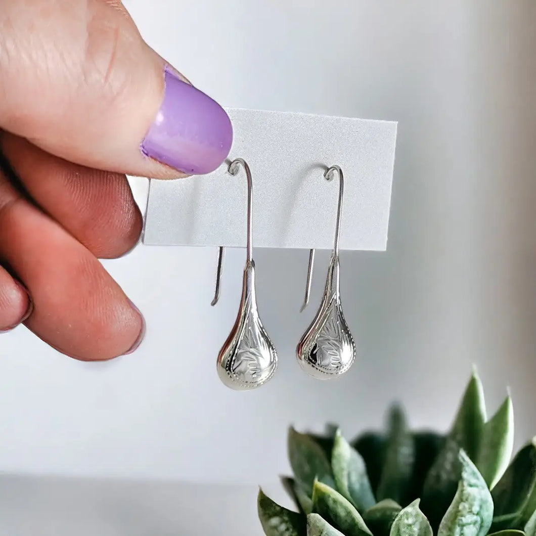Etched Silver Teardrop Earrings