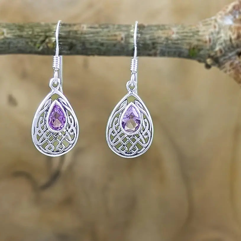 Celtic Teardrop & Amethyst Earrings