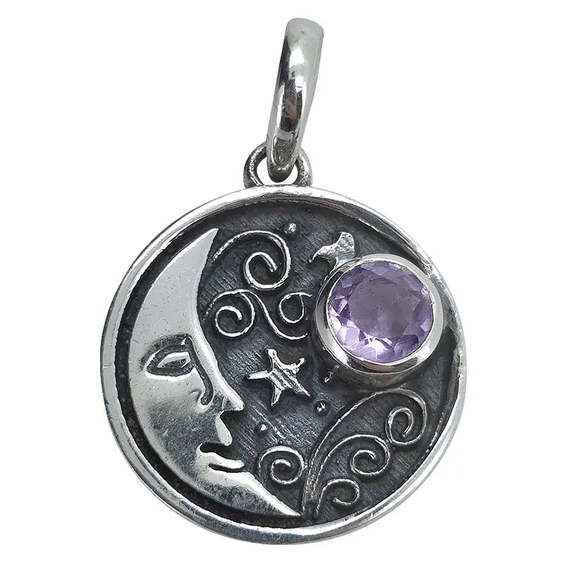 Faceted Amethyst Silver Moon Face Pendant