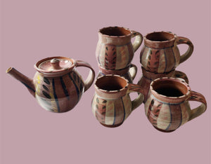 Vintage Studio Pottery Teapot with Six Mugs
