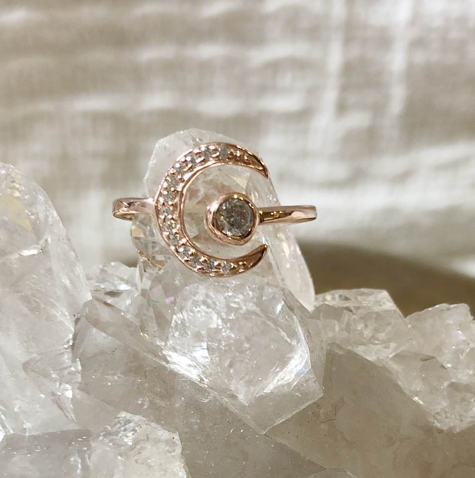 Rose Gold Crescent Moon Ring with Cubic Zirconia