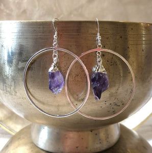 Extra Large Hoops with Raw Amethyst Drops