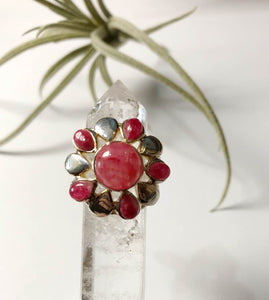 Silver Flower Ring with Rubies