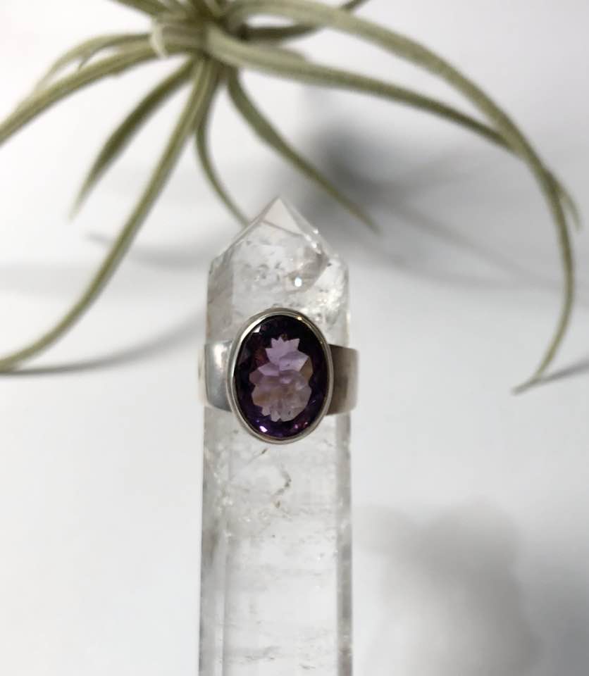 Silver Ring with Oval Amethyst in Thick Bezel