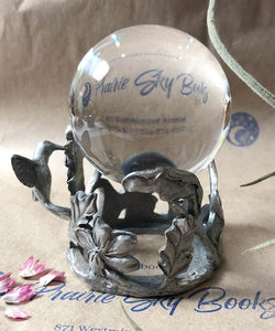 Vintage Pewter Hummingbird Crystal Ball Stand with New Glass Sphere