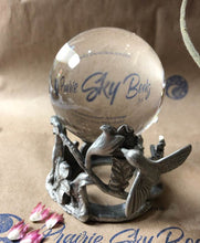 Load image into Gallery viewer, Vintage Pewter Hummingbird Crystal Ball Stand with New Glass Sphere
