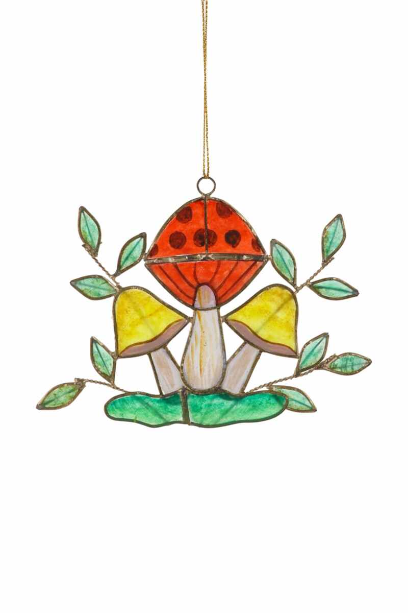 Handpainted Capiz Shell Retro Mushrooms Ornament