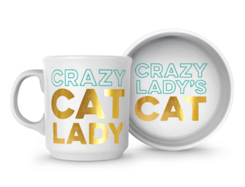 Ceramic Cat Lady Mug & Cat Dish Set