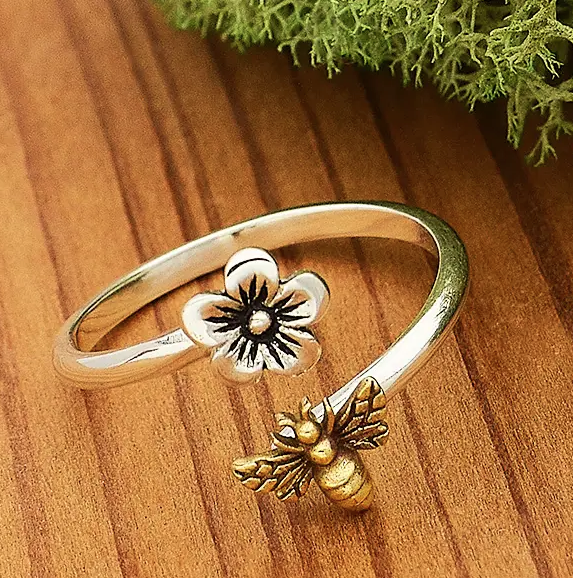 Silver Adjustable Bee & Flower Ring