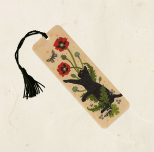 Black Cat & Poppies Wood Bookmark