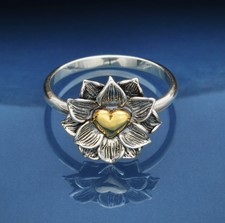 Silver Lotus Ring with Bronze Heart