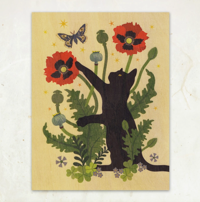 Black Cat & Poppies Wood Print (8.5x11)
