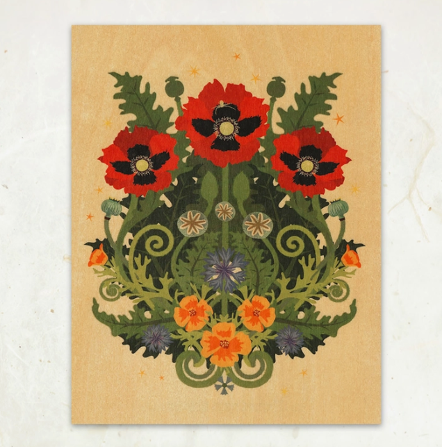 Poppy & Spider Wood Print (8.5x11)